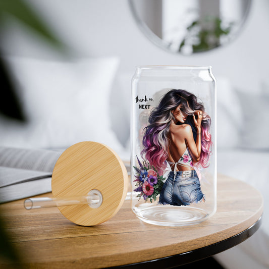 Thank U, Next Artistic 16oz Sipper Glass with Beautiful Woman Design, Perfect for Water, Smoothies, and Gifts