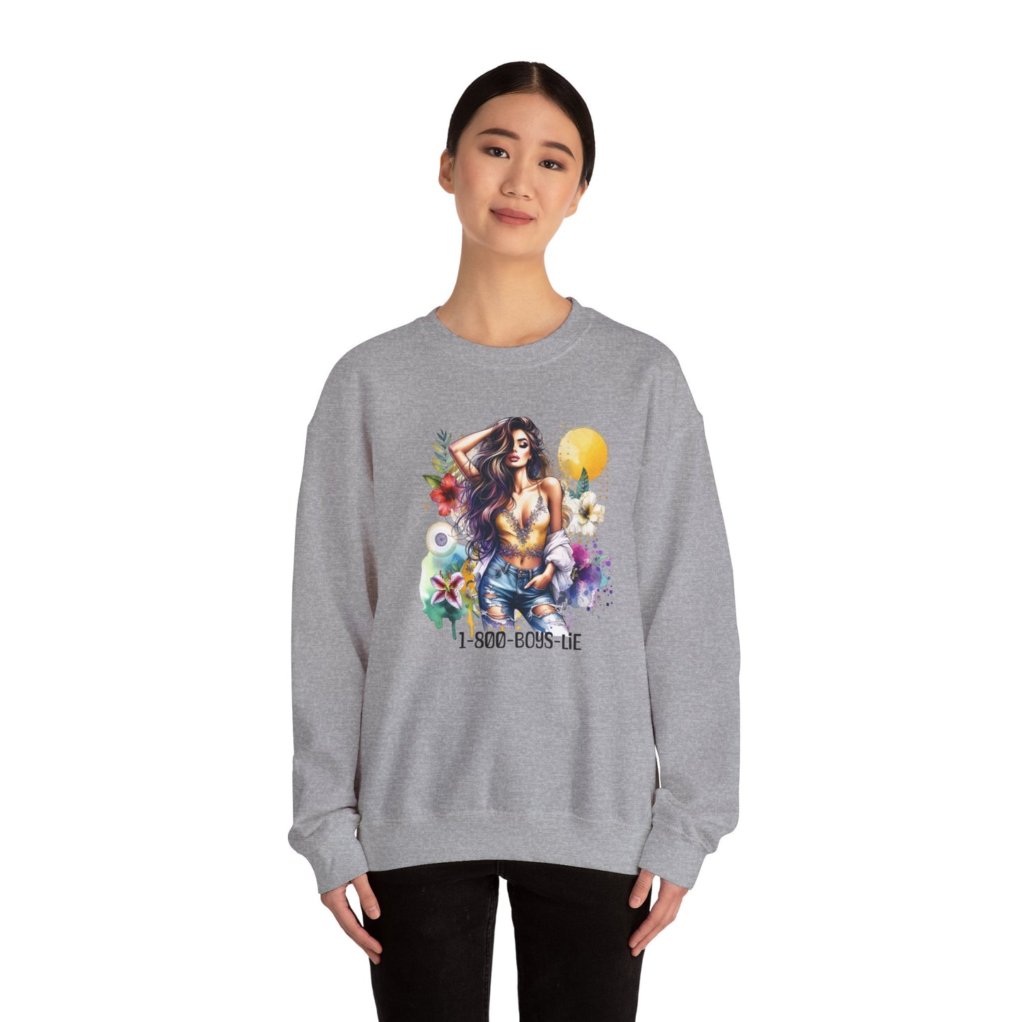 1-800-Boys-Lie Boho Chic Crewneck Sweatshirt with Floral Design, Unisex Gift, Self-Love Apparel, Cozy Casual Wear, Perfect for Relaxation