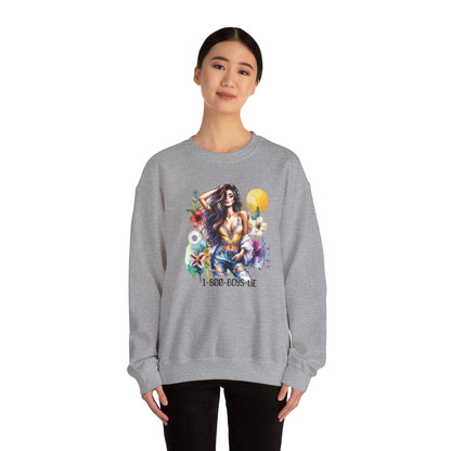 1-800-Boys-Lie Boho Chic Crewneck Sweatshirt with Floral Design, Unisex Gift, Self-Love Apparel, Cozy Casual Wear, Perfect for Relaxation