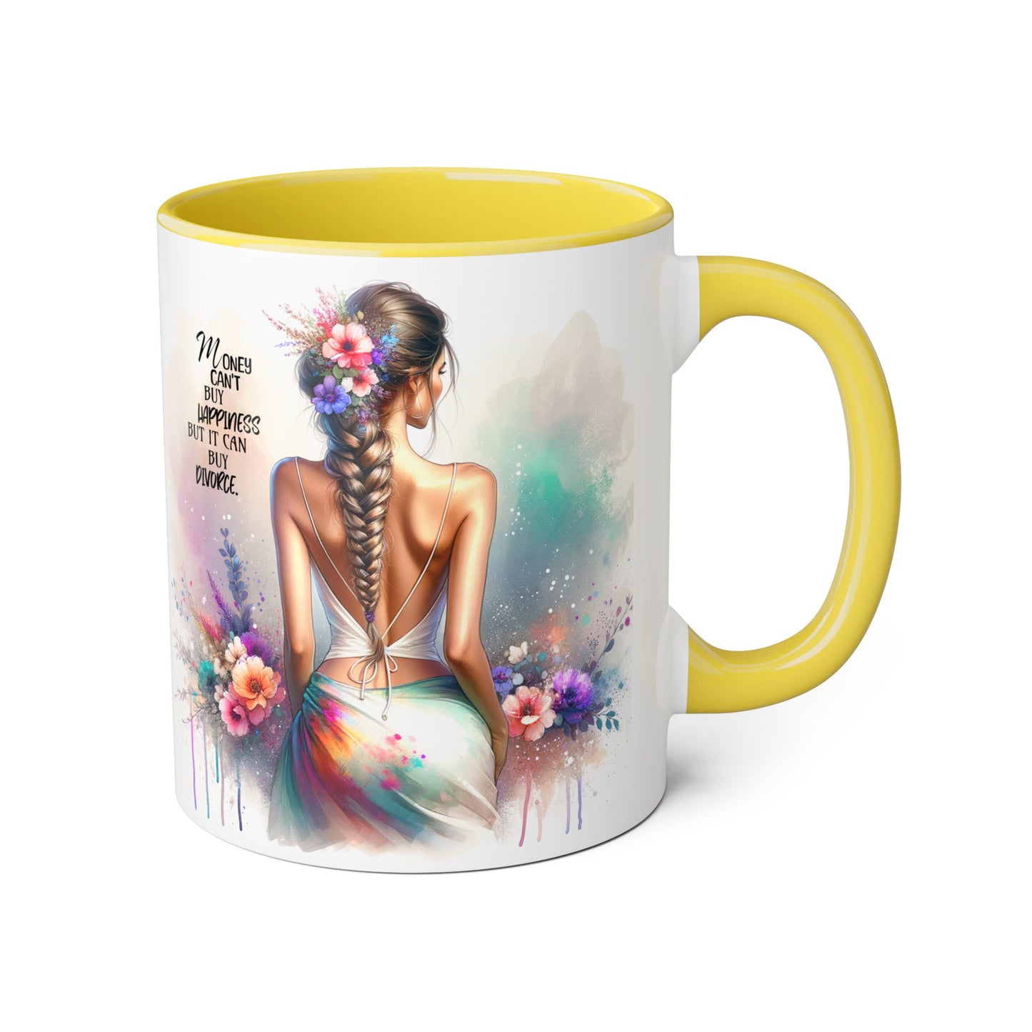 Money Can't Buy Happiness But It Can Buy Divorce Humoristic Inspirational Accent Mug, Motivational Coffee Cup, Gift for Mom, Floral Design, Home Decor, Self-Improvement