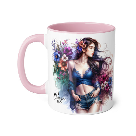 Floral Accent Mug, I Choose Me Design, Artistic Coffee Cup, Gift for Her, Home Décor, Tea Lover’s Essential