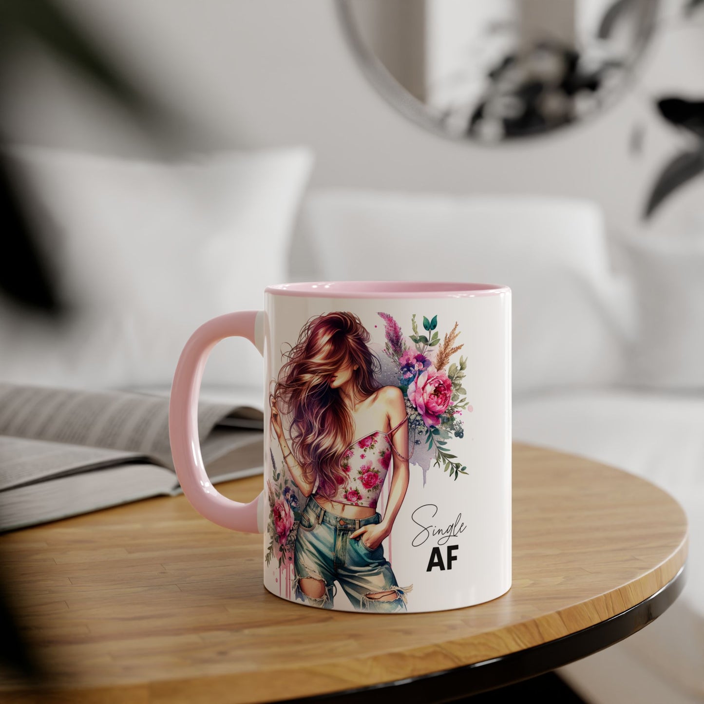 Single AF Floral Accent Mug, 11oz Coffee Cup, Gift for Singles, Cute Tea Mug, Kitchen Decor, Self-Love