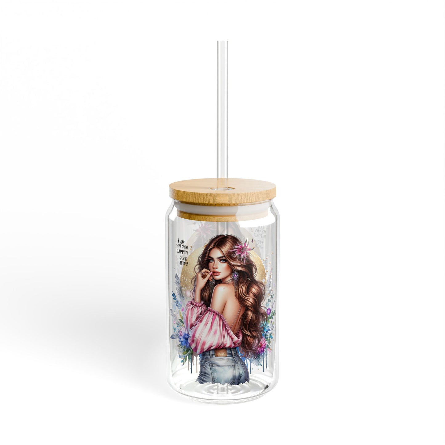 I Am My Own Happily Ever After Artistic Sipper Glass with Straw - 16oz, Personalized Drinkware for Party, Home, Summer, Cute Gift for Her, Floral Design