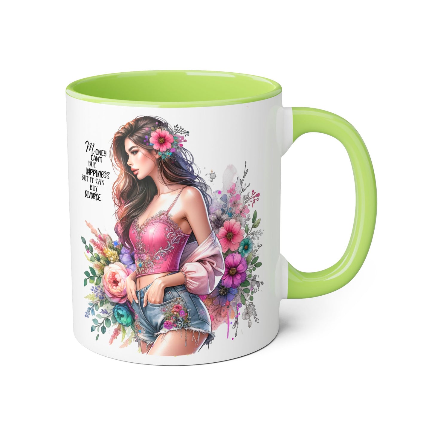 Money Can't Buy Happiness But It Can Buy Divorce Humoristic Floral Inspirational Mug, Gift for Friends, Coffee Cup, Tea Lover, Flower Design, Motivational Quote, Birthday Gift