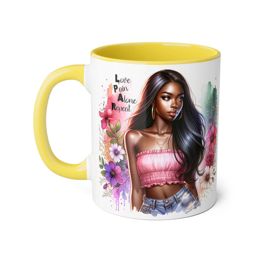 Vibrant Floral Accent Mug - Love, Pain, Alone, Repeat | Perfect Gift for Friends, Birthdays, Affirmation Mug, Coffee Lover