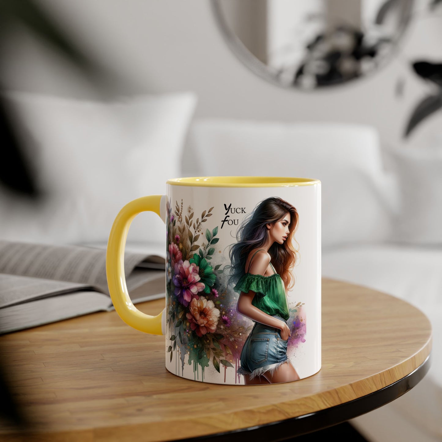Yuck Fou Floral Accent Mug, 11oz Ceramic Coffee Cup, Inspirational Gift, Home Decor, Unique Art Mug, Perfect for Coffee Lovers