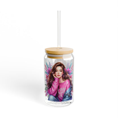 1-800-Boys-Lie Chic Sipper Glass with Straw, Stylish Glass Bottle, Trendy Drinkware, Gift for Her, Floral Design, Summer Party Accessory