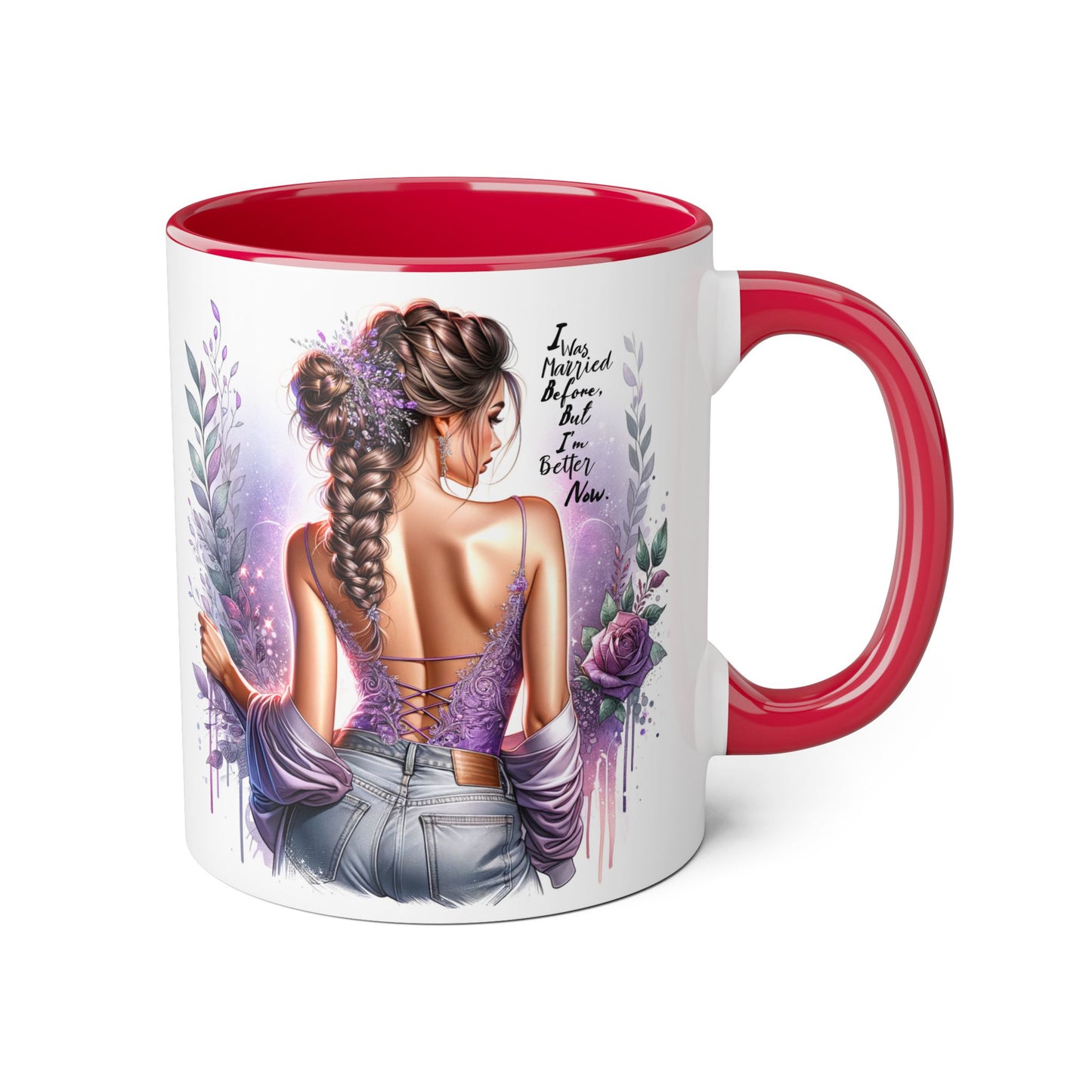 I Was Married Before But I'm Better Now Humoristic Elegant Art Mug, Inspirational Coffee Cup, Stylish Beverage Holder, Gift for Her, Floral Decor