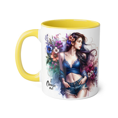 Floral Accent Mug, I Choose Me Design, Artistic Coffee Cup, Gift for Her, Home Décor, Tea Lover’s Essential