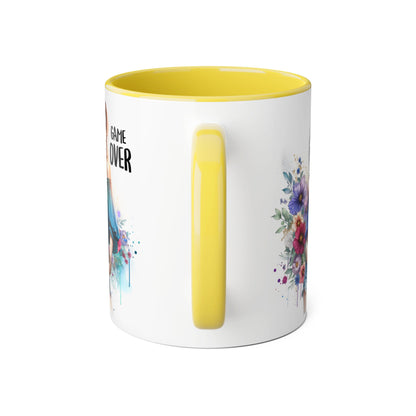Vibrant Game Over Accent Mug - Floral Design, 11oz Coffee Cup, Unique Gift, for Gamers, Birthday or Everyday Use
