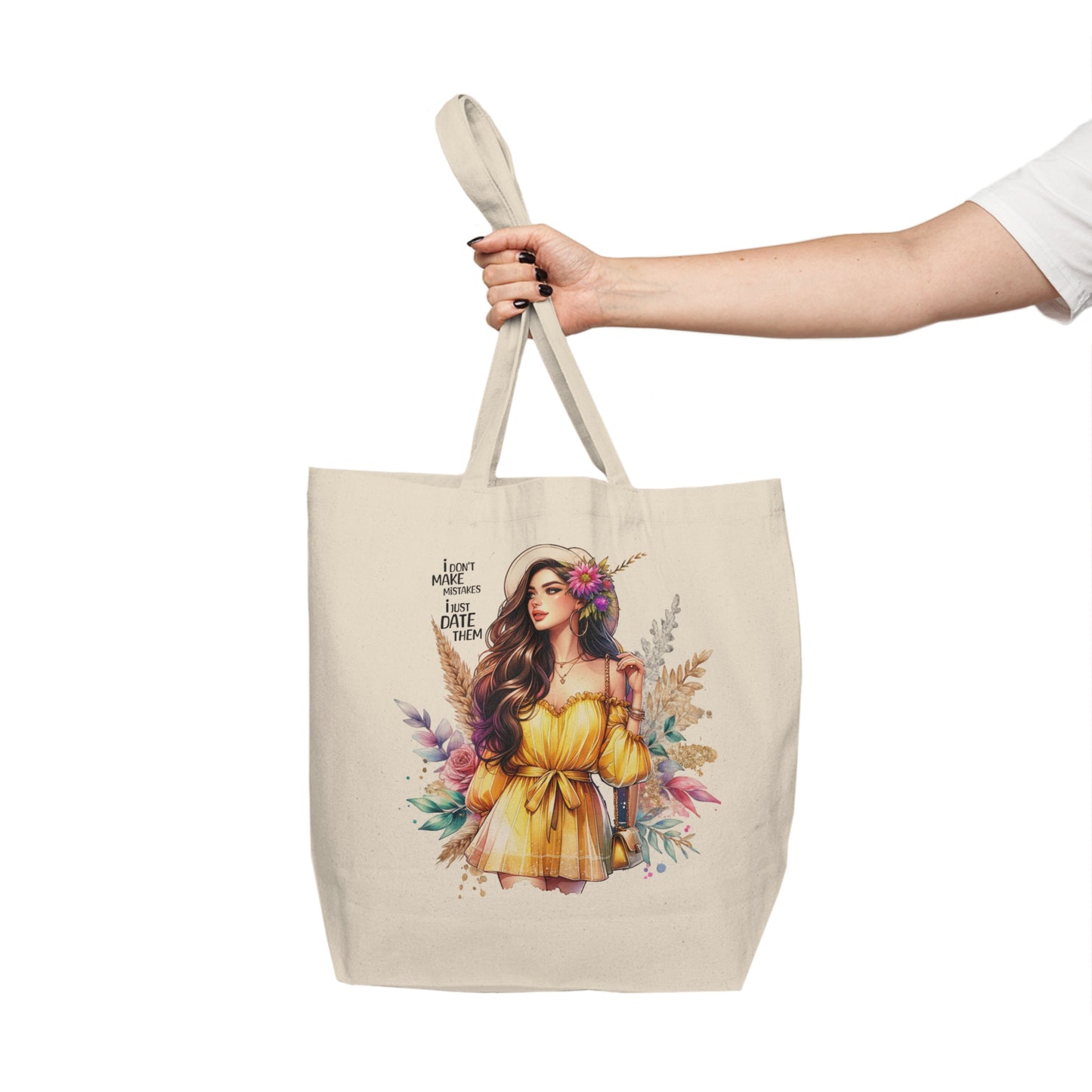 I Don`t Make Mistakes, I Just Date Them Boho Floral Canvas Shopping Tote - Eco-Friendly Grocery Bag, Beach Tote, Market Bag, Gift for Her, Trendy Reusable Bag