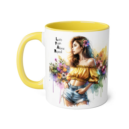 Colorful Floral Accent Mug - Love, Pain, Alone, Repeat Drinkware, Boho Coffee Cup, Gift for Her, Inspirational Mug
