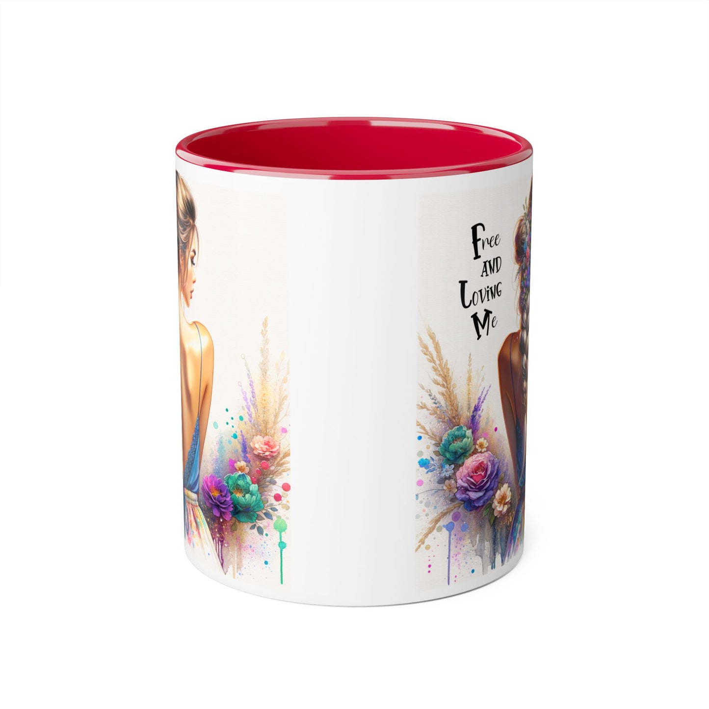 Free and Loving Me Floral Freedom Accent Mug - Inspirational Coffee Cup, Gift for Her, Artist Mug, Tea Lover's Cup, Home Decor