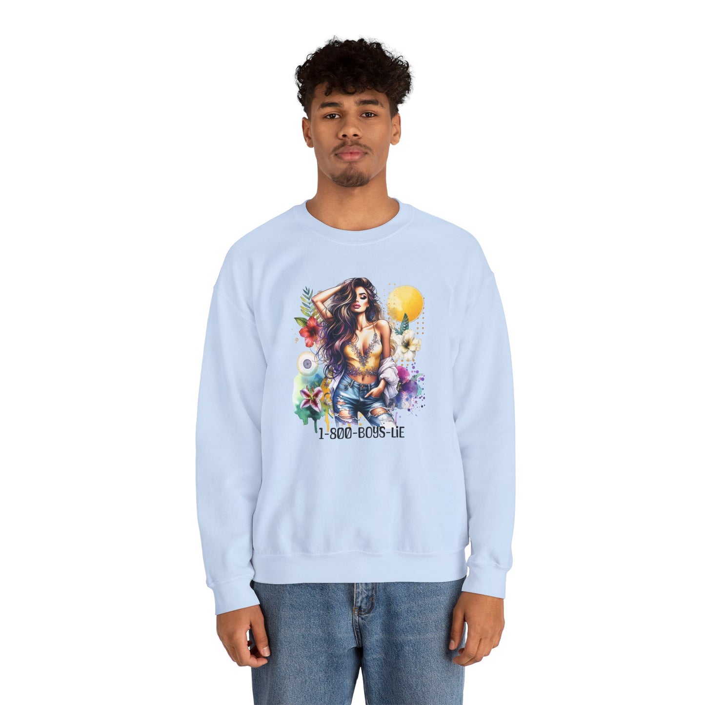 1-800-Boys-Lie Boho Chic Crewneck Sweatshirt with Floral Design, Unisex Gift, Self-Love Apparel, Cozy Casual Wear, Perfect for Relaxation