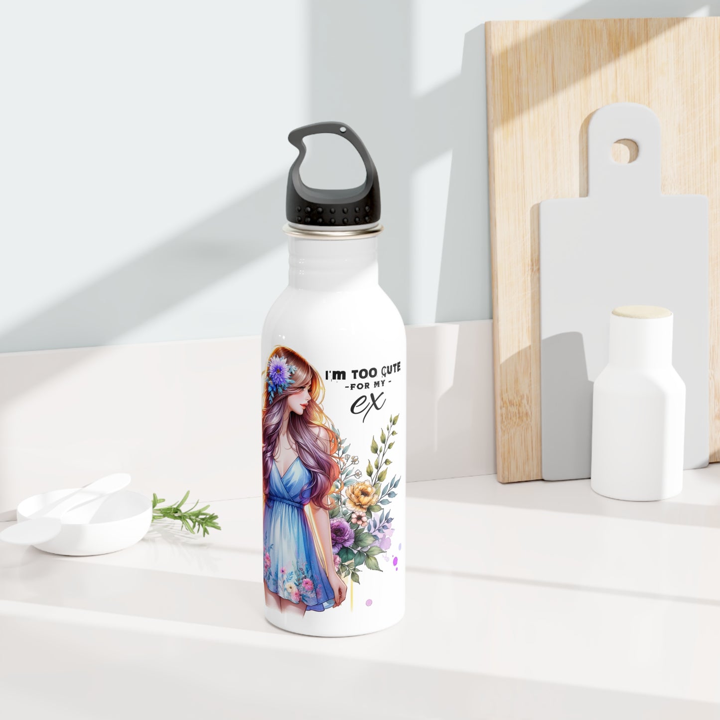 I'm Too Cute For My Ex Floral Stainless Steel Water Bottle - Cute Quotes for Her, Travel Flask, Eco-Friendly Gift, Summer Hydration, Fitness Water Bottle