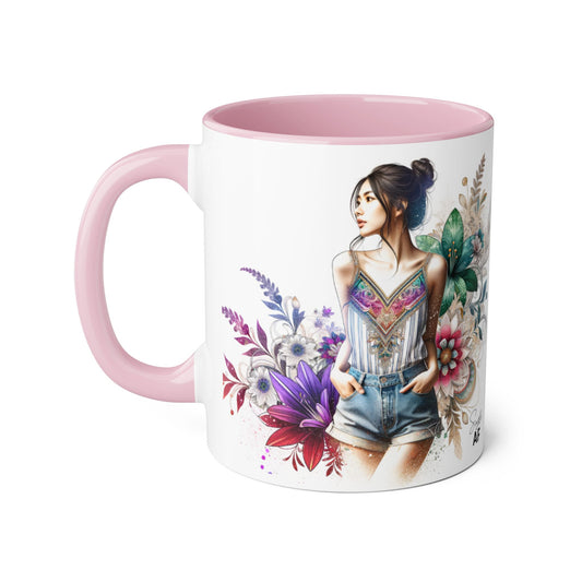 Single AF Boho Flower Accent Mug - Artistic Coffee Cup, Floral Design, Gift for Her, Birthday, Home Decor, Unique Artwork, 11oz
