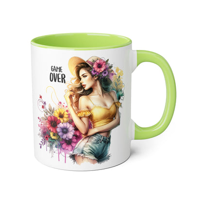Game Over Floral Accent Mug, Gift for Gamers, Coffee Tea Cup, Home Decor, Birthday, Celebration, Unique Mug