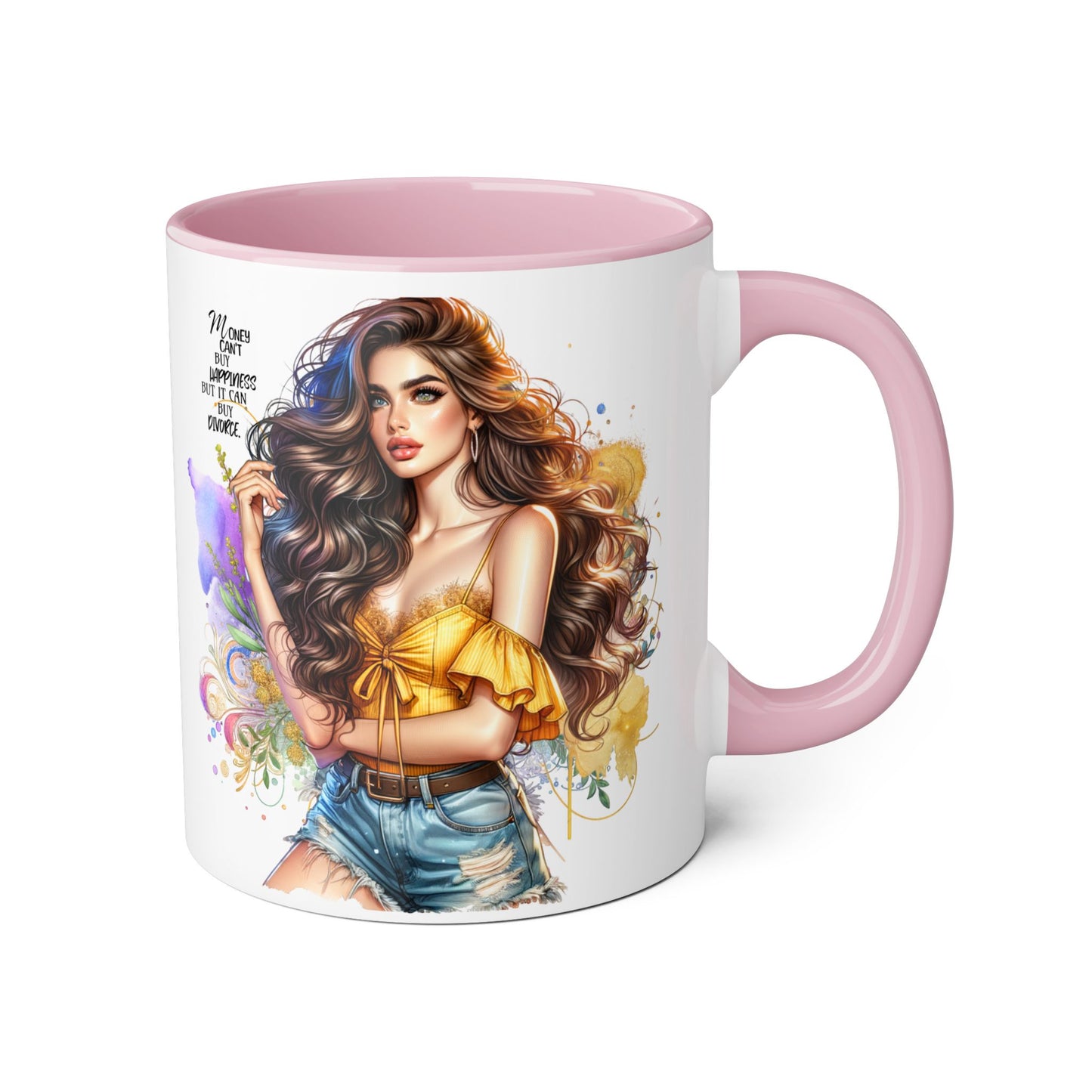 Money Can't Buy Happiness But It Can Buy Divorce Humoristic Empowering Accent Mug, Inspirational Coffee Cup, Artful Drinkware for Self-Care, Perfect Gift for Birthdays, Motivational Decor
