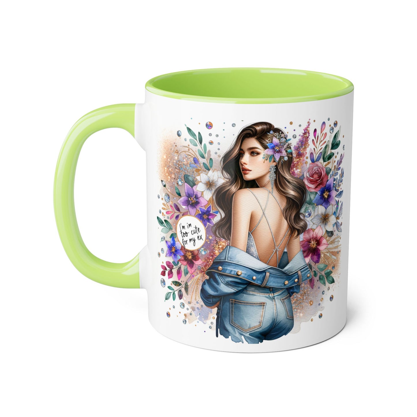 I'm Too Cute For My Ex Floral Accent Mug with Boho Design, Coffee Lover Gift, Tea Cup, Artful Beverage Holder, Personalized Drinkware