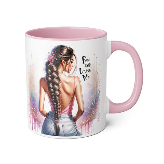 Empowerment Accent Mug, 11oz - Free And Loving Me Design, Inspirational Gift, Coffee Lovers, Self-Love, Artistic Home Decor, Feminine Vibe