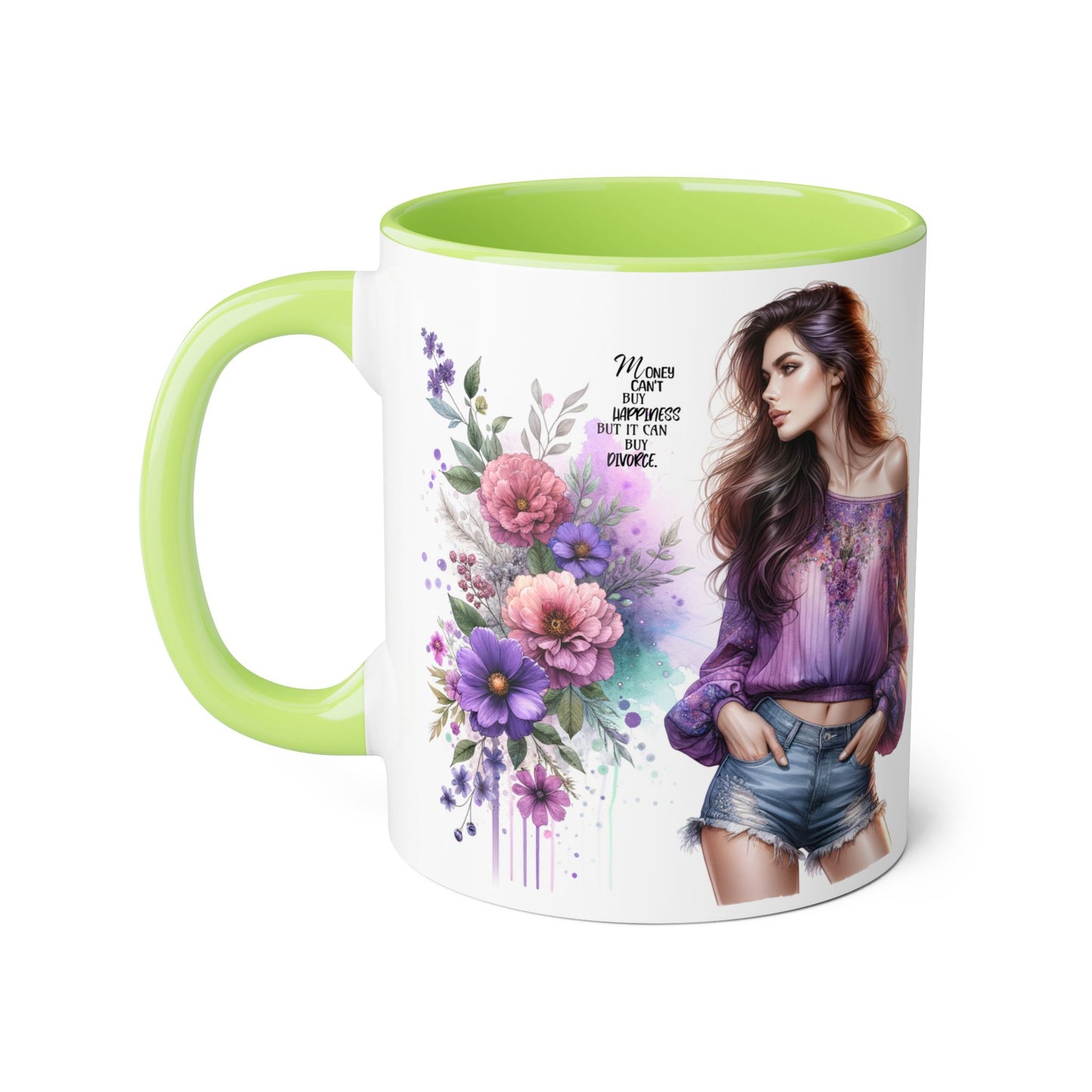Money Can't Buy Happiness But It Can Buy Divorce Humoristic Stylish Floral Accent Mug, Coffee Cup, Gift for Her, Home Decor, Inspirational Quote, Unique Design