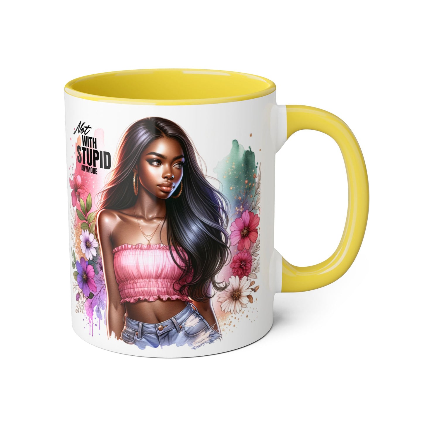 Not With Stupid Anymore Humoristic Bold Floral Accent Mug, Unique Coffee Cup, Gift for Friends, Inspirational Design, Beautiful Mug for Every Occasion