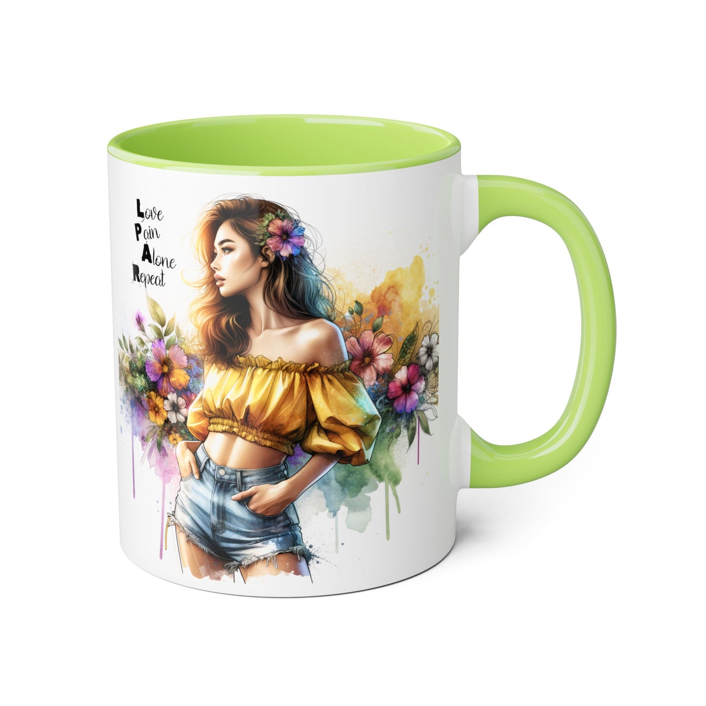 Colorful Floral Accent Mug - Love, Pain, Alone, Repeat Drinkware, Boho Coffee Cup, Gift for Her, Inspirational Mug