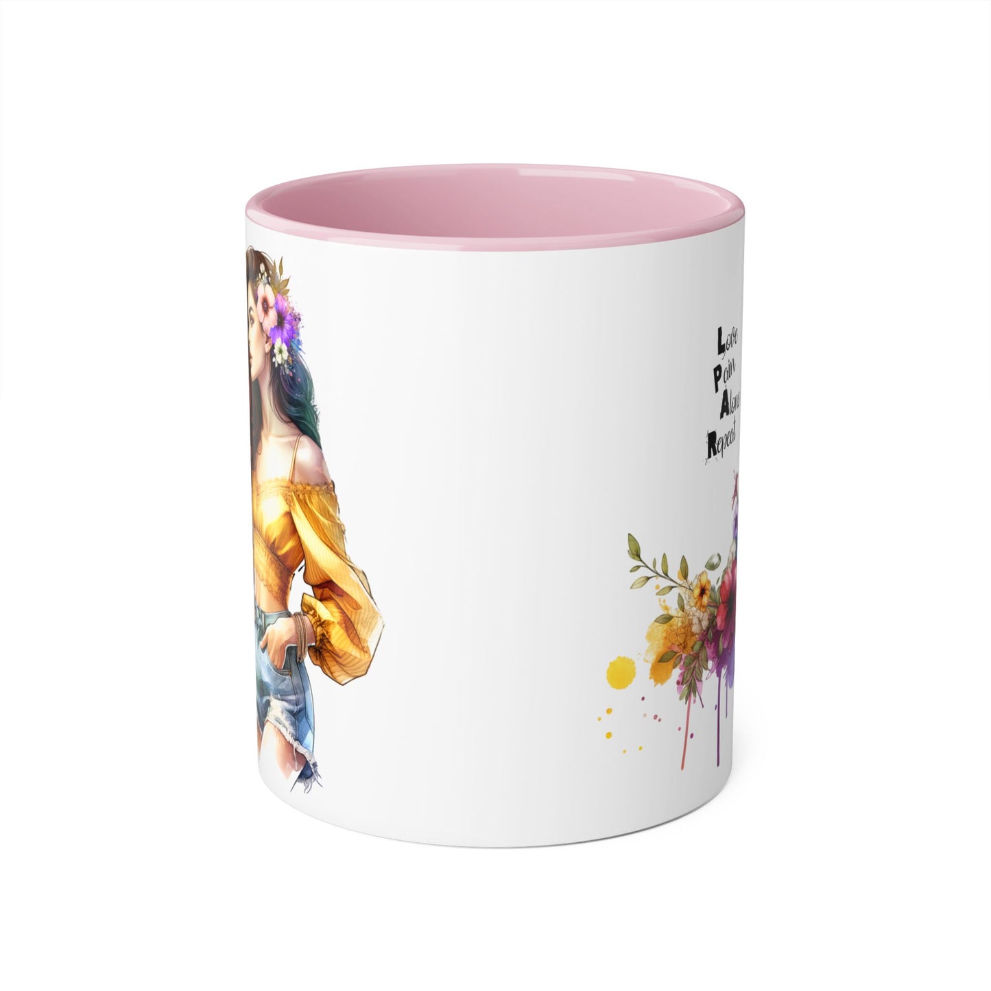 Colorful Floral Accent Mug, Love Pain Alone Repeat, Inspirational Coffee Cup, Gift for Friends, Art Lover Mug