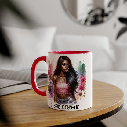 1-800-BOYS-LIE Stylish Floral Accent Mug, 11oz Coffee Mug, Gift for Her, Trendy Drinkware, Unique Birthday Present, Coffee Lover's Companion