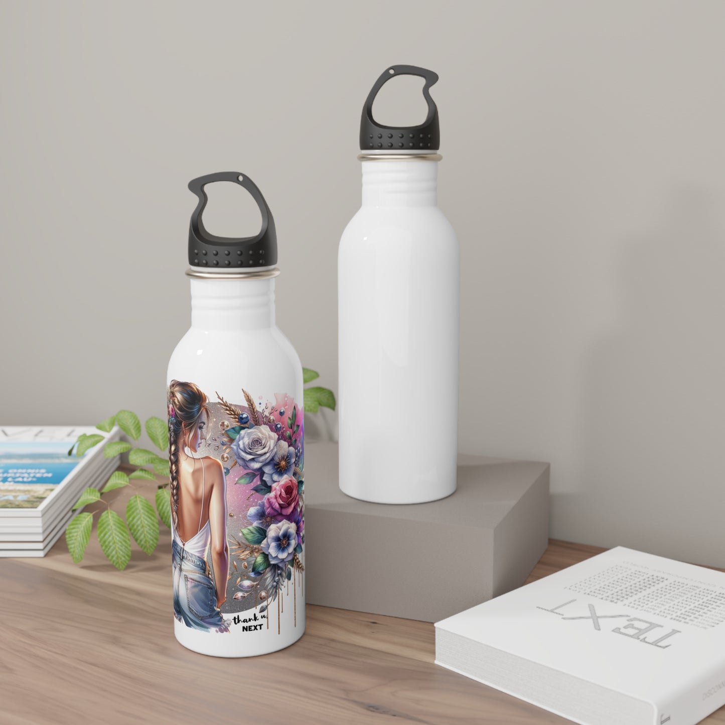 Thank U, Next Chic Floral Water Bottle, Motivational Drinkware, Eco-Friendly Stainless Steel, Fitness Hydration, Unique Gift for Her