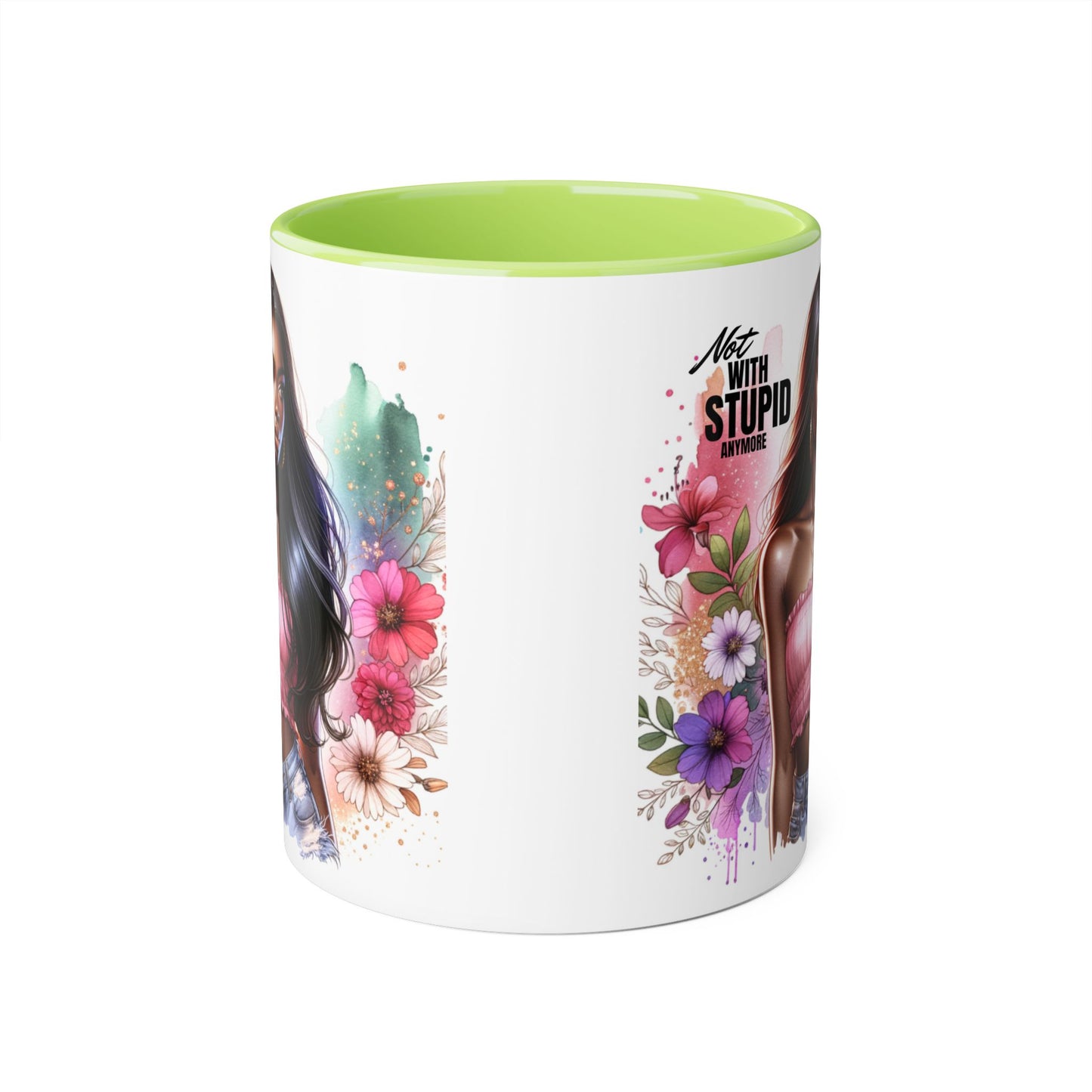 Not With Stupid Anymore Humoristic Bold Floral Accent Mug, Unique Coffee Cup, Gift for Friends, Inspirational Design, Beautiful Mug for Every Occasion