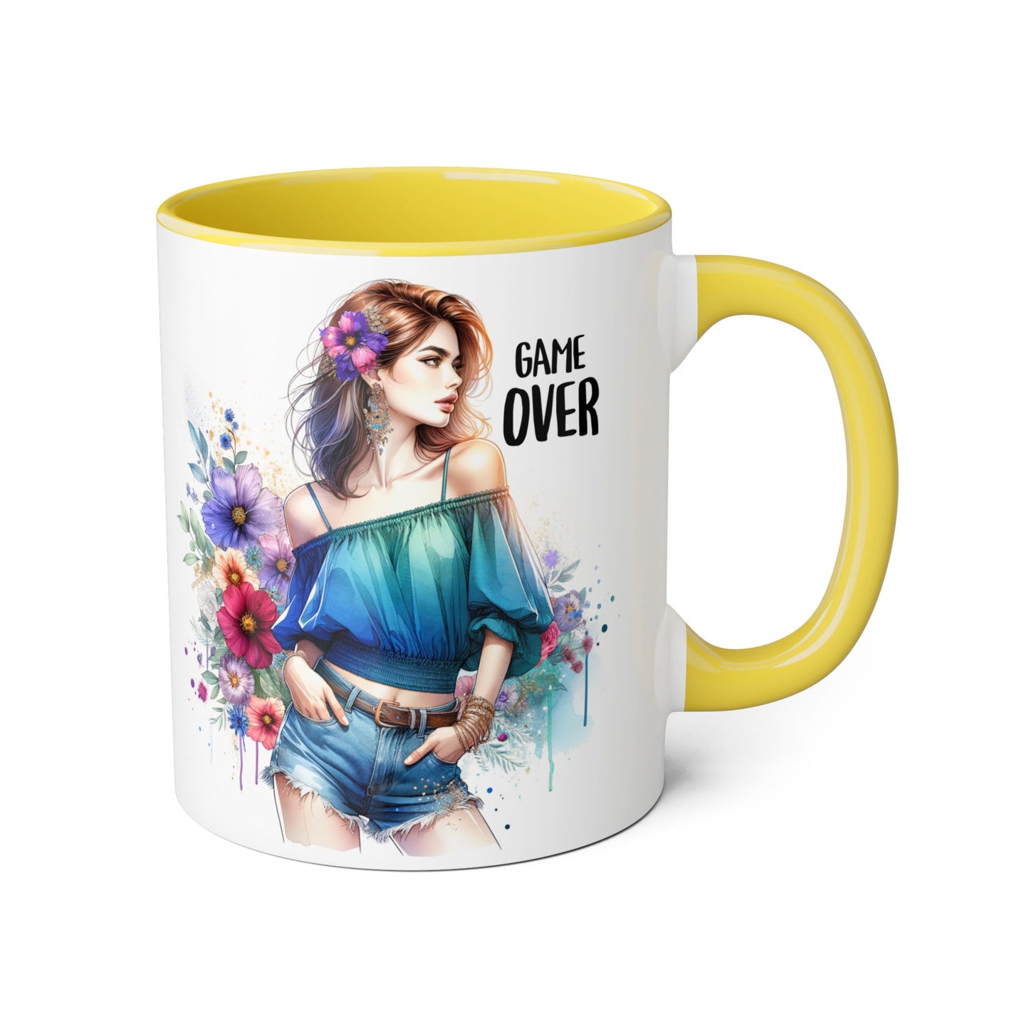 Vibrant Game Over Accent Mug - Floral Design, 11oz Coffee Cup, Unique Gift, for Gamers, Birthday or Everyday Use