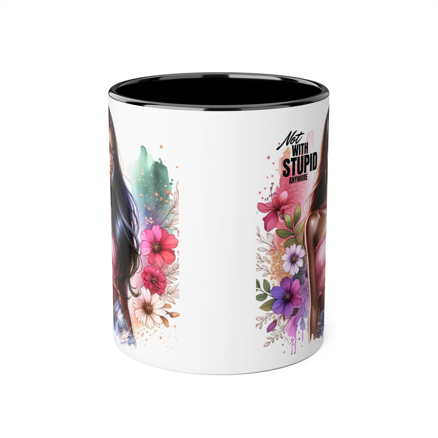 Not With Stupid Anymore Humoristic Bold Floral Accent Mug, Unique Coffee Cup, Gift for Friends, Inspirational Design, Beautiful Mug for Every Occasion