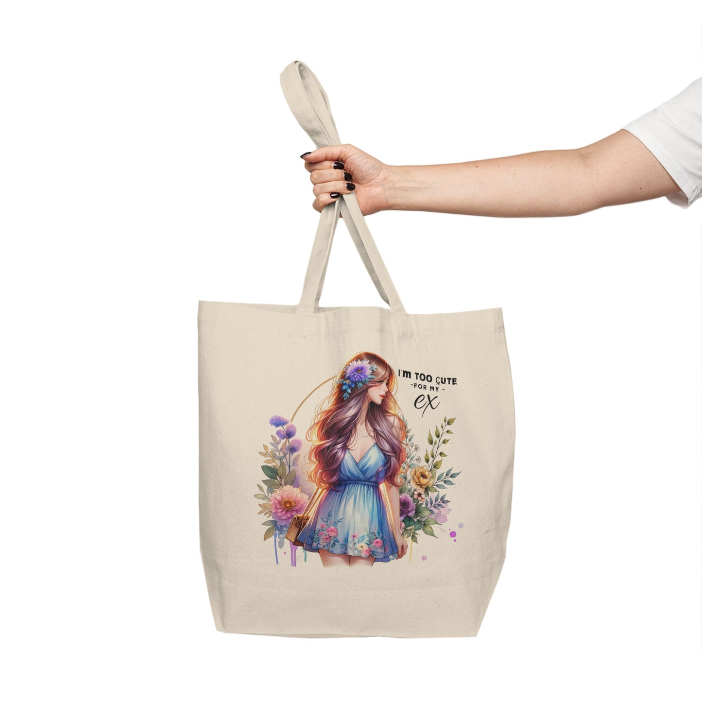 I'm Too Cute For My Ex  Floral Canvas Tote Bag, Reusable Grocery Bag, Eco-Friendly Shopping Tote, Gift for Her, Funny Ex Quotes