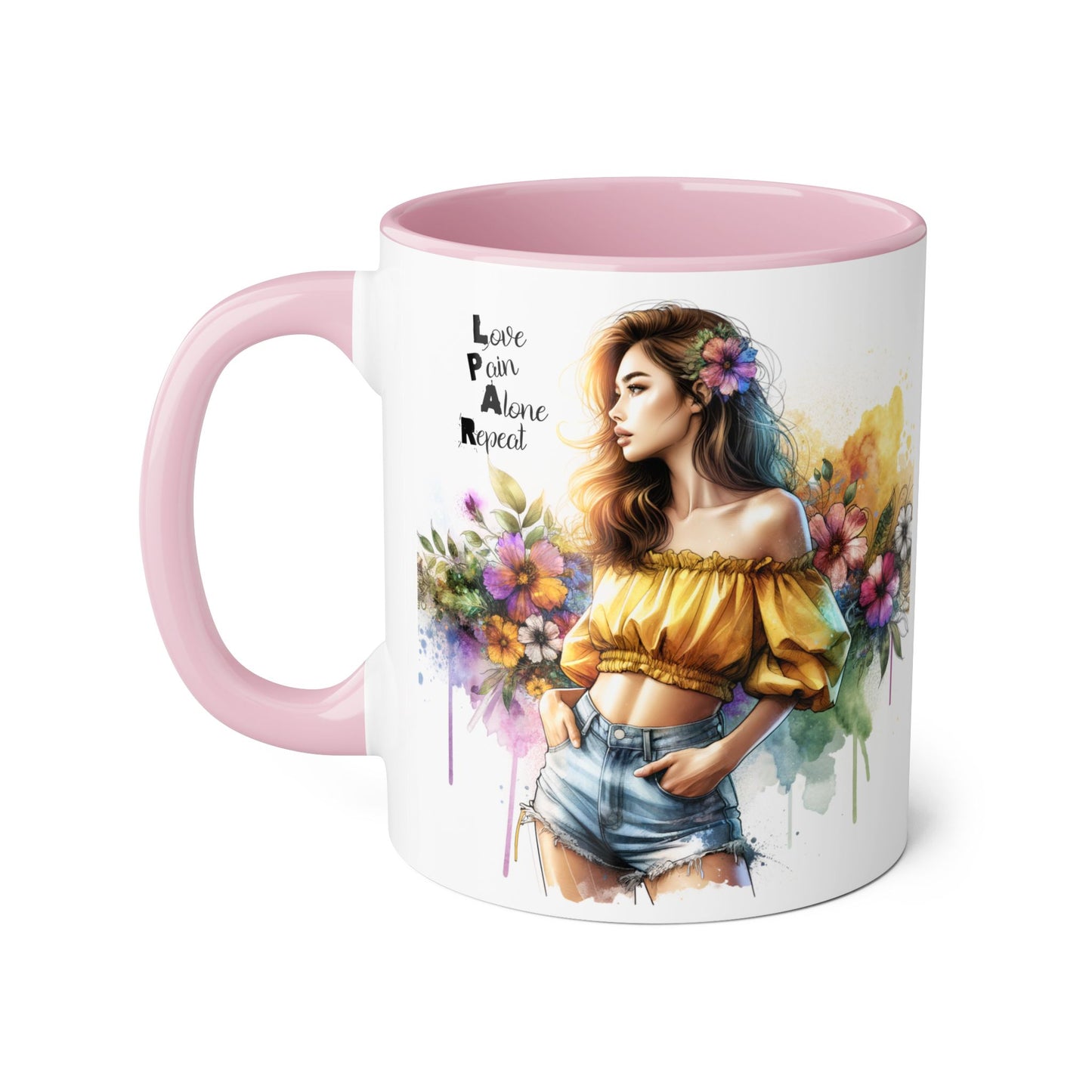 Colorful Floral Accent Mug - Love, Pain, Alone, Repeat Drinkware, Boho Coffee Cup, Gift for Her, Inspirational Mug