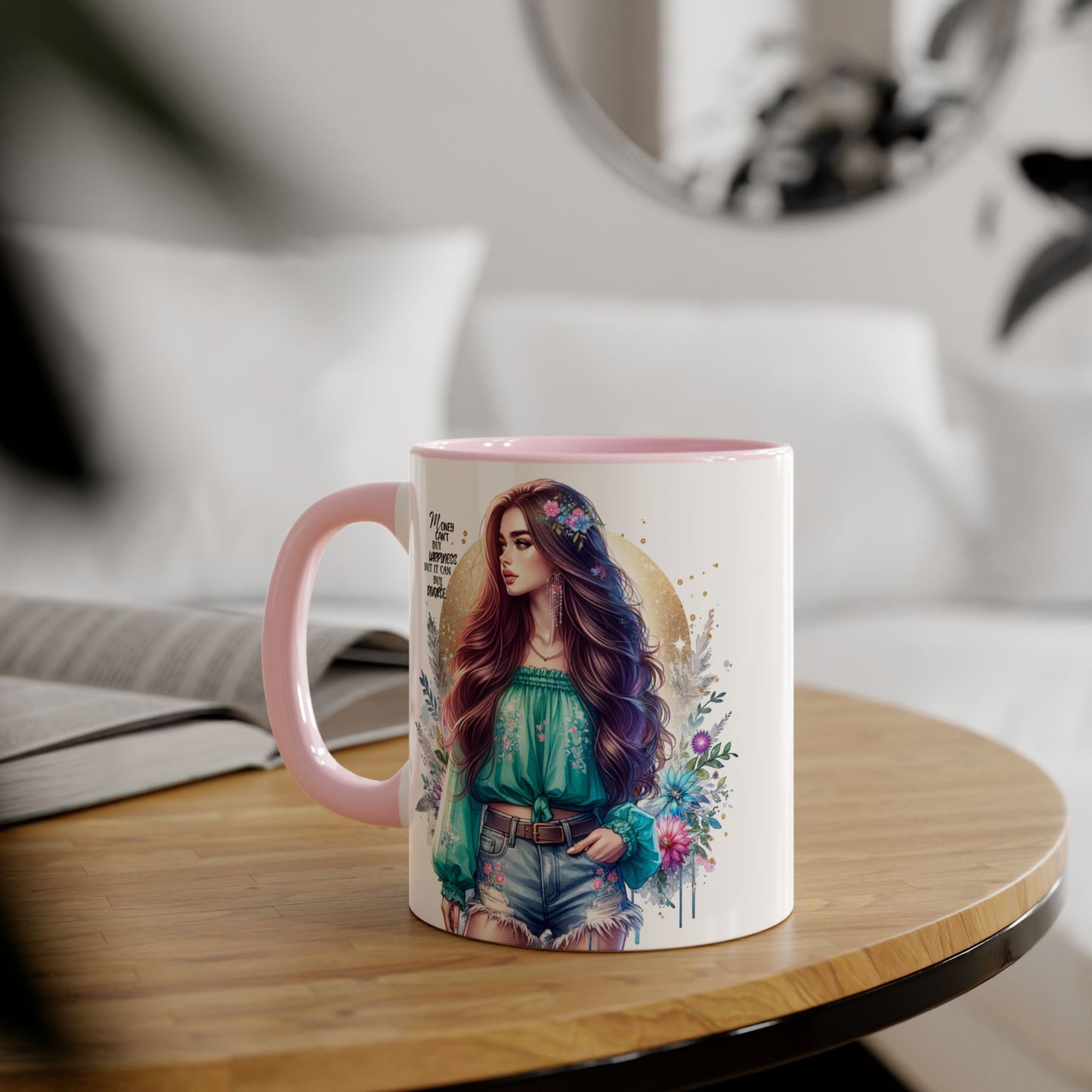 Money Can't Buy Happiness But It Can Buy Divorce Humoristic Inspirational Accent Mug, 11oz Coffee Cup for Boho Lovers, Unique Gift for Women, Flower Art Mug, Home Decor, Birthday Celebration