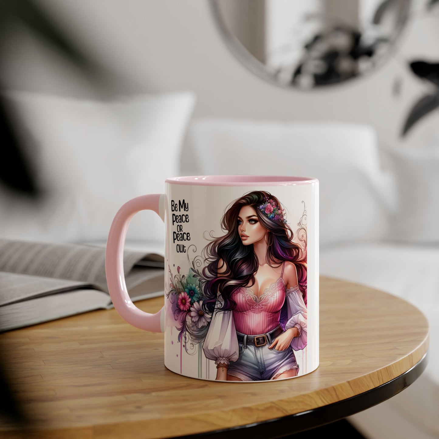 Bohemian Accent Mug, Be My Peace or Peace Out Gift, Artistic Coffee Mug, Floral Coffee Cup, Gift for Her