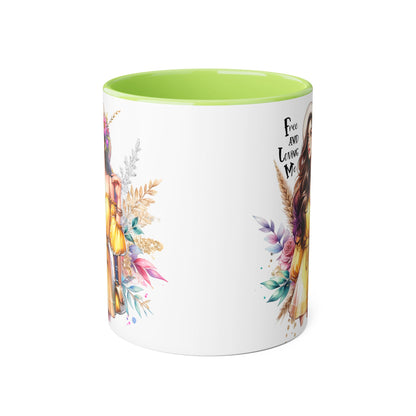 Free and Loving Me Bold Boho Accent Mug, Artistic Coffee Cup, Unique Gift for Women, Inspirational Kitchenware, Floral Design, Birthday Mug