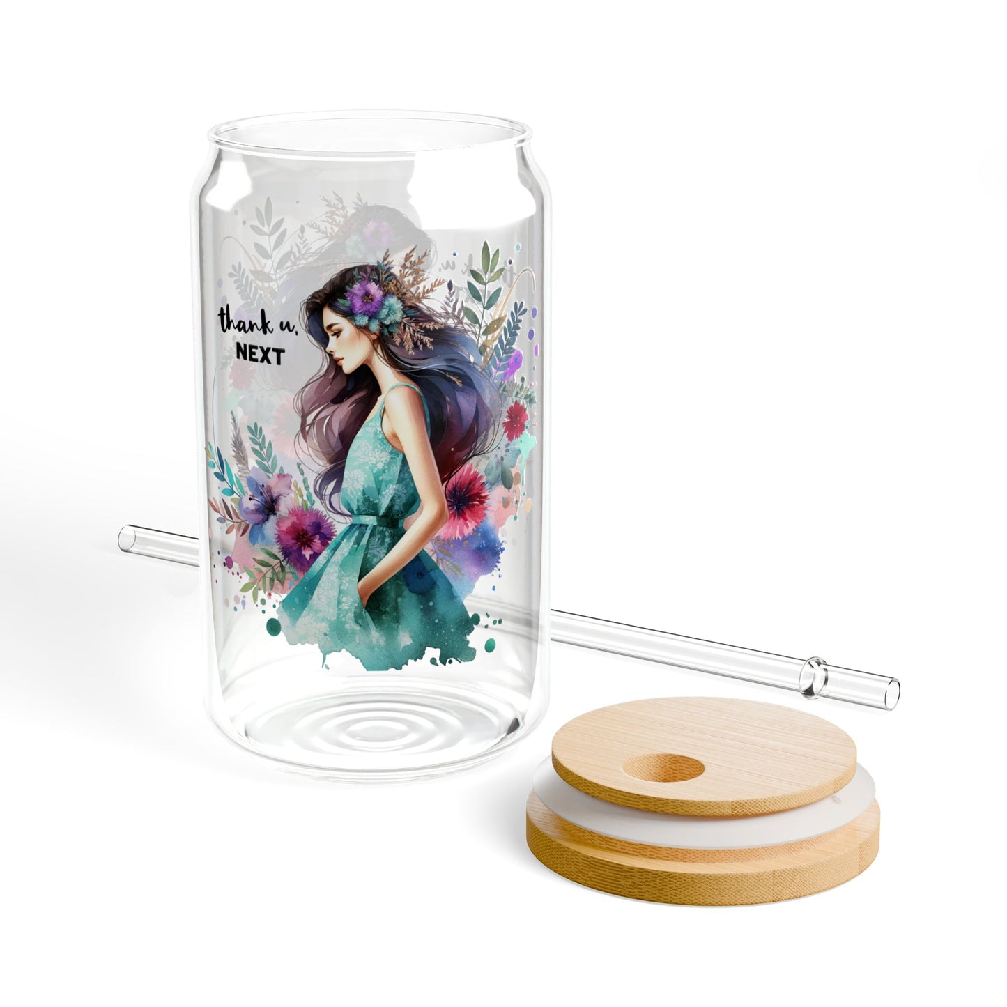 Thank U, Next Floral Sipper Glass with Bamboo Lid, 16oz, Eco-friendly Drinkware for Home, Gifts, and Celebrations