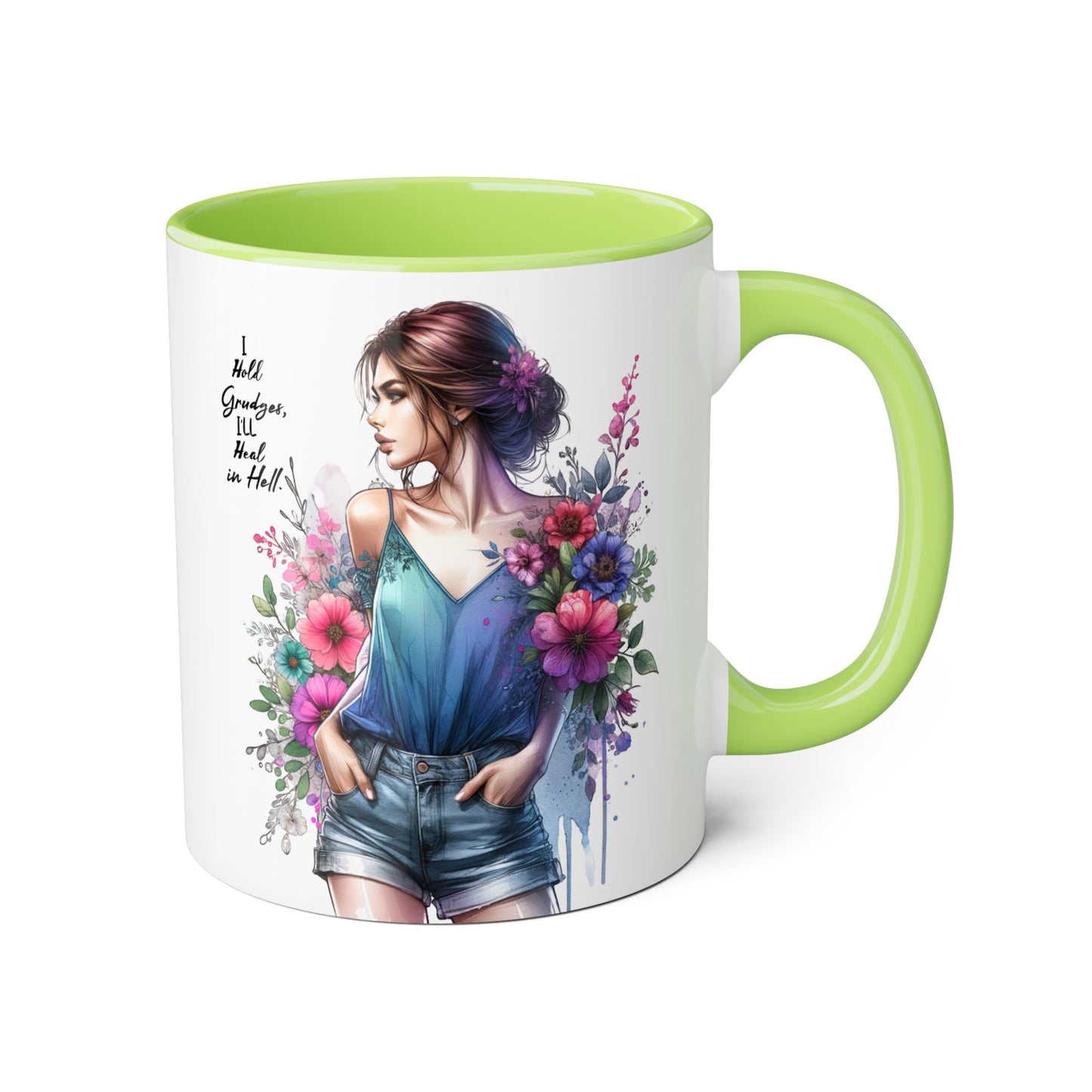 I Hold Grudges, I'll Heal in Hell  Humoristic Floral Accent Mug, 11oz Coffee Cup for Grandma, Gift for Her, Birthday Present, Mother's Day, Home Decor, Floral Design