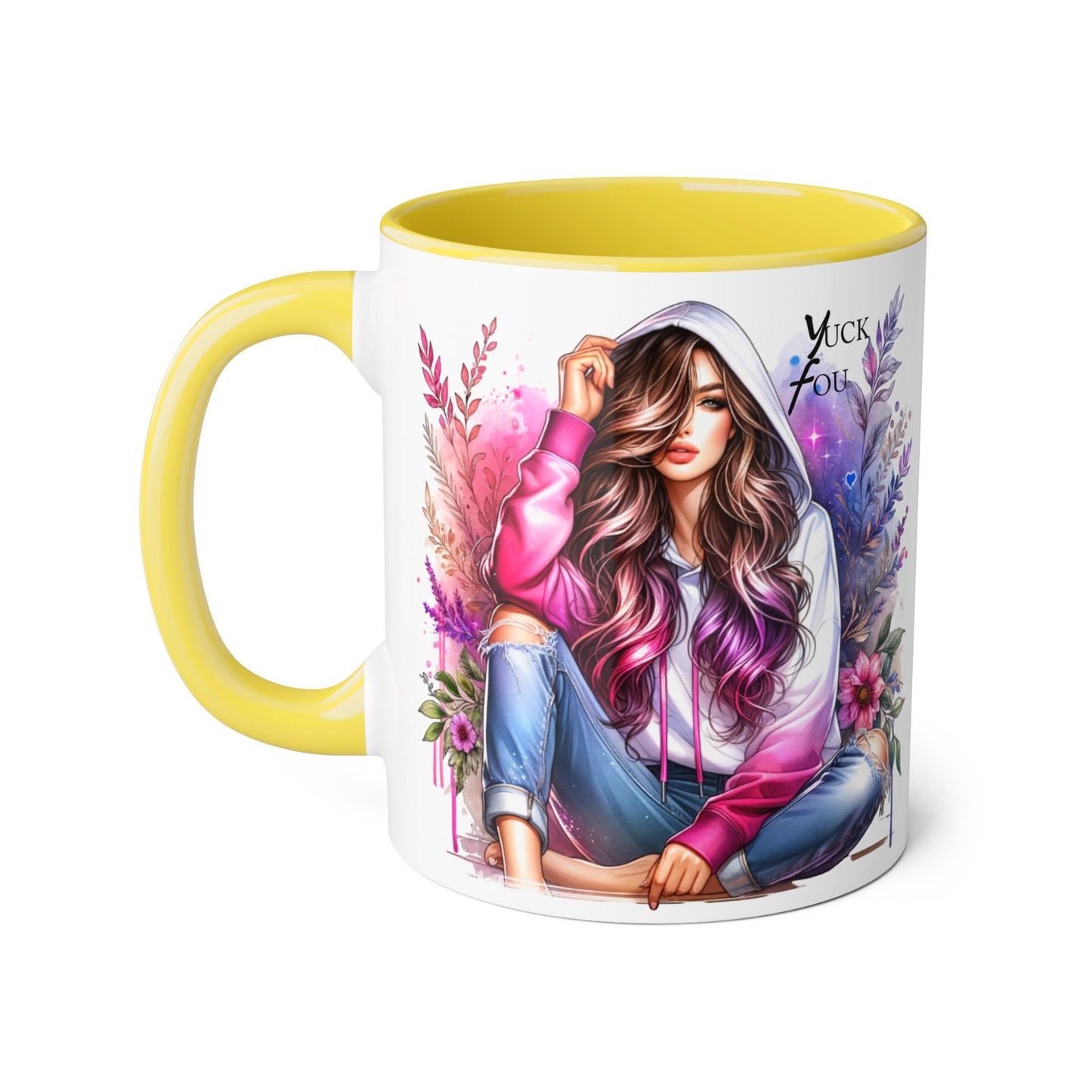 Yuck Fou Chic Floral Accent Mug, Inspirational Coffee Cup, Gift for Her, Relaxing Tea Mug, Boho Style Drinkware, Unique Home Decor