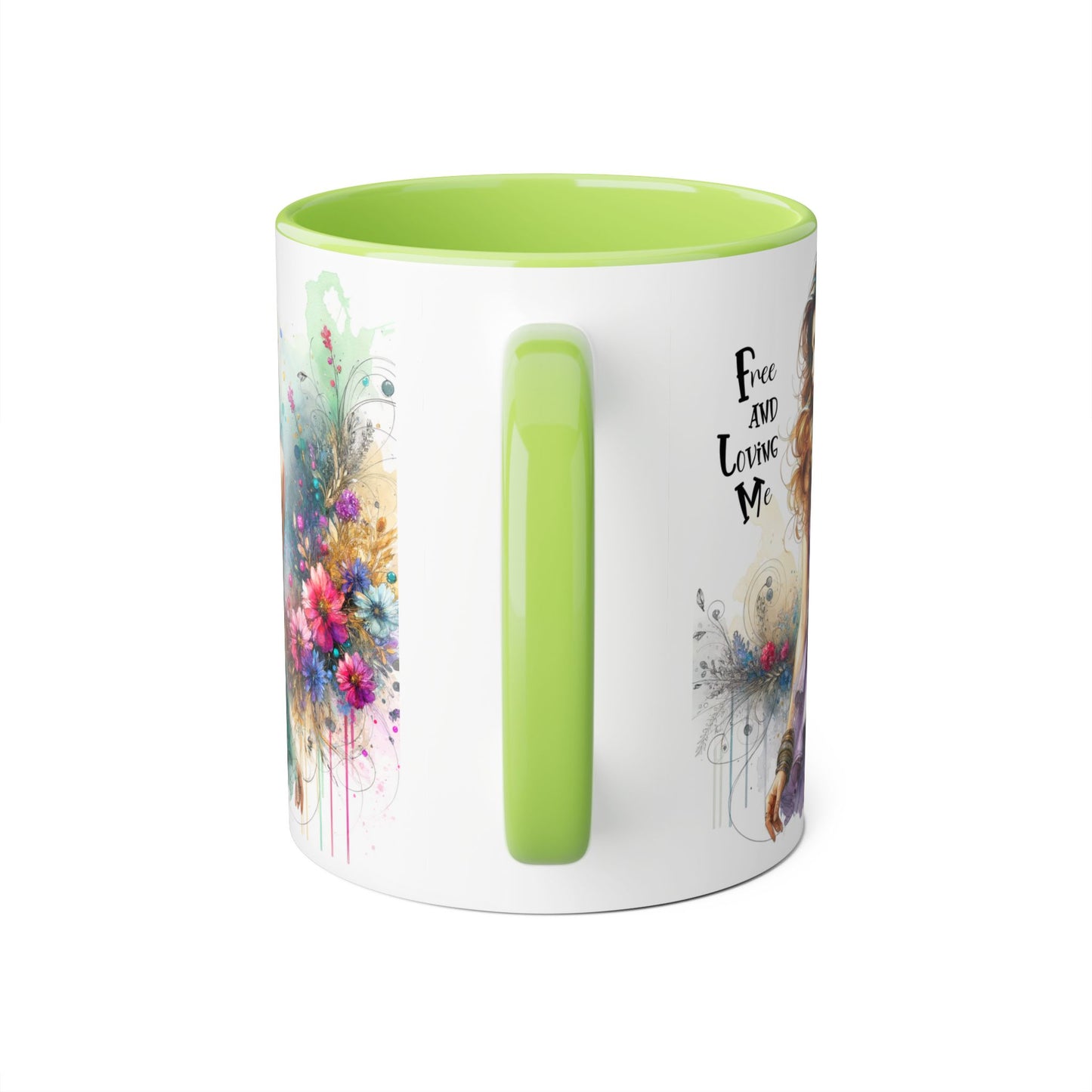Artistic Floral Accent Mug - "Free and Loving Me" - Inspirational Coffee Cup, Gift for Her, Unique Home Decor, Special Occasion