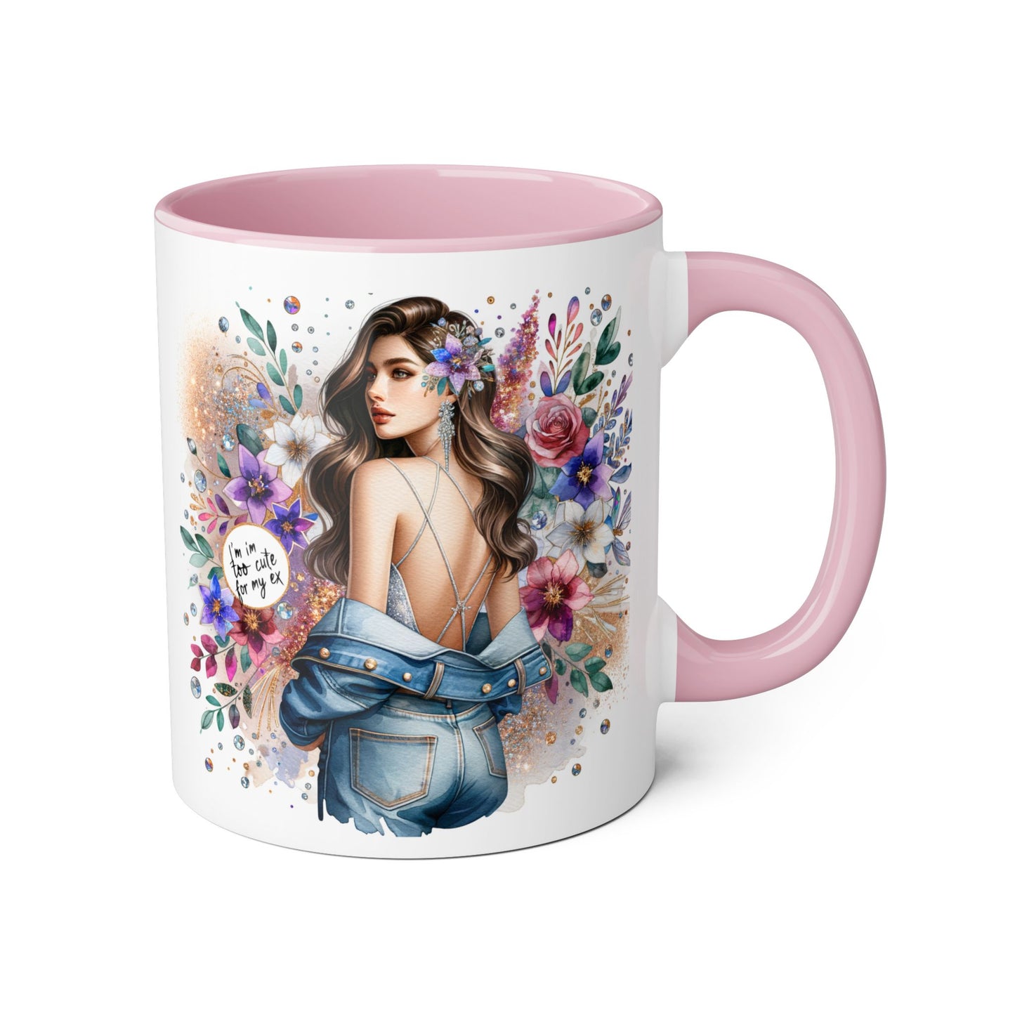 I'm Too Cute For My Ex Floral Accent Mug with Boho Design, Coffee Lover Gift, Tea Cup, Artful Beverage Holder, Personalized Drinkware