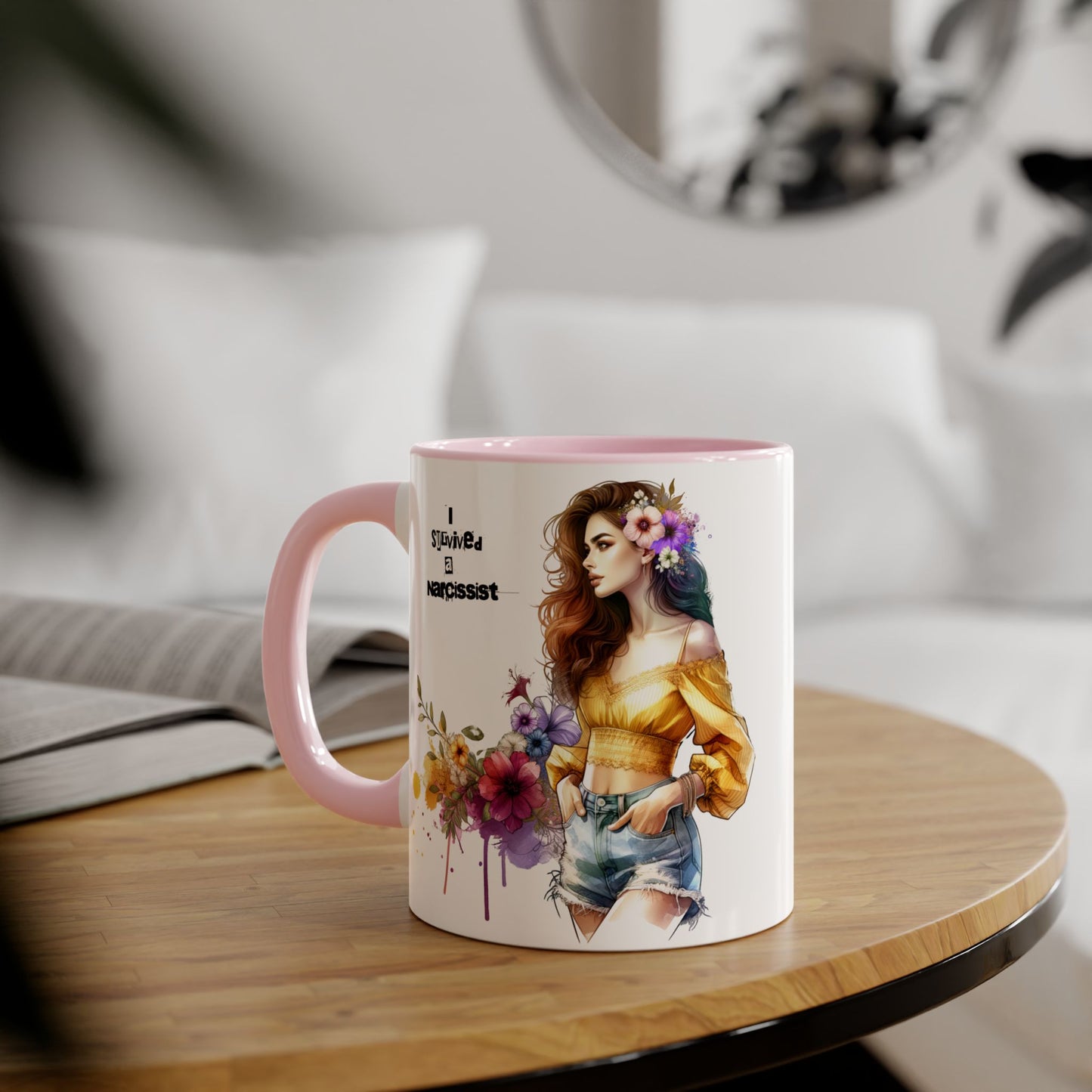 Empowering Accent Mug, Flower Art Coffee Cup, I Survived a Narcissist, Gift for Her, Inspirational Tea Mug, Self-Care