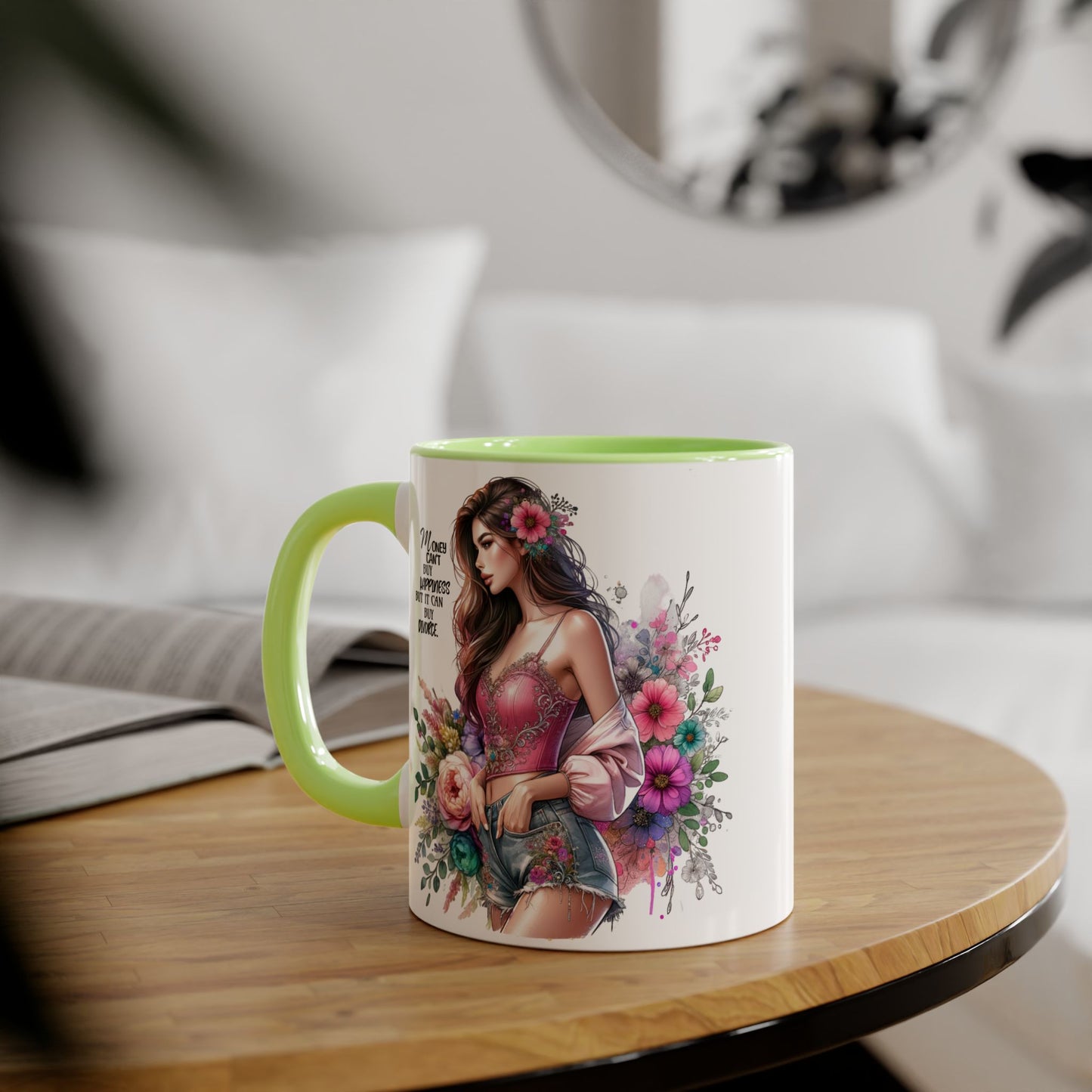Money Can't Buy Happiness But It Can Buy Divorce Humoristic Floral Inspirational Mug, Gift for Friends, Coffee Cup, Tea Lover, Flower Design, Motivational Quote, Birthday Gift