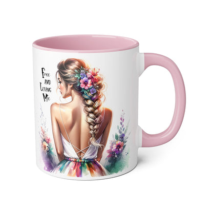 Free and Loving Me Floral Art Accent Mug - Inspirational Drinkware for Home and Gifts, Coffee Mug, Tea Cup, Birthday Present, Motivational Quote