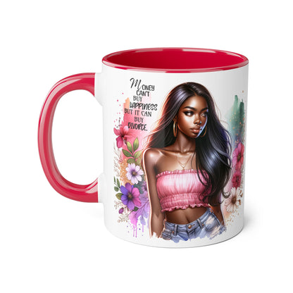 Money Can't Buy Happiness But It Can Buy Divorce Humoristic Empowering Accent Mugs, Motivational Coffee Cup, Inspirational Tea Mug, Unique Gift for Her, Artistic Floral Mug