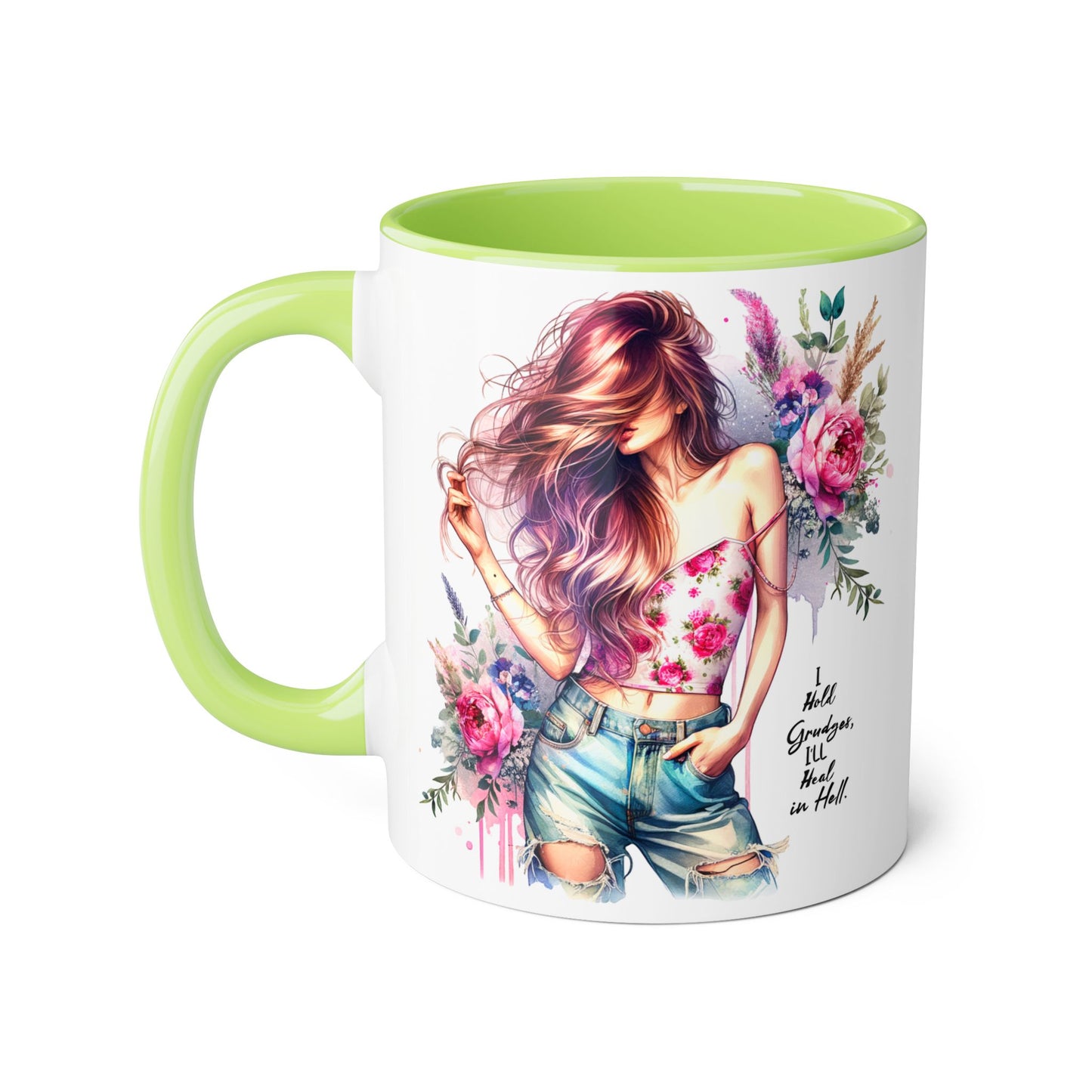 I Hold Grudges, I'll Heal in Hell  Humoristic Bohemian Floral Accent Mug - Drinkware for Tea Lovers, Coffee Enthusiasts, Gift for Friends, Home Decor, Artful Mugs