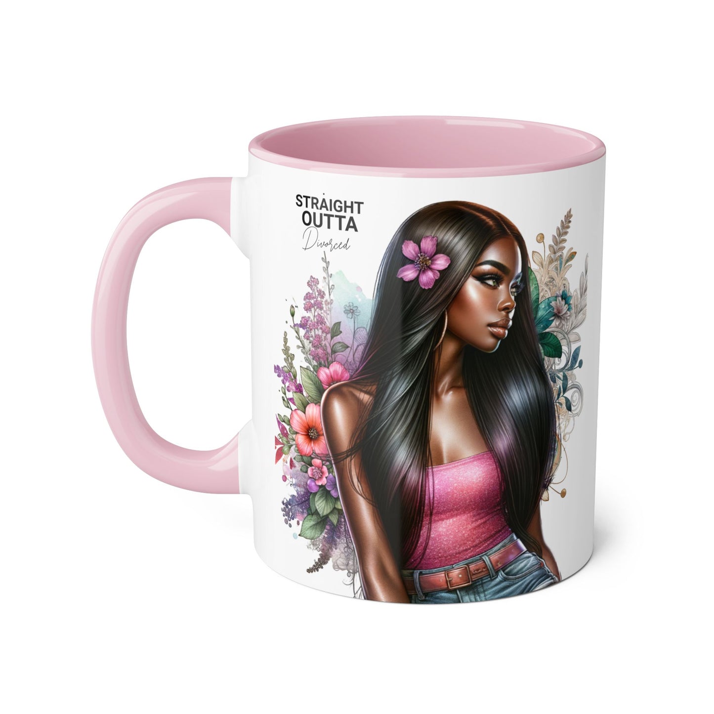 Straight Outta Divorced Humoristic Vibrant Statement Mug, Black Handle Coffee Cup, Floral Art Beverage Mug, Gift for Her, Inspirational Drinkware, Birthday Mug