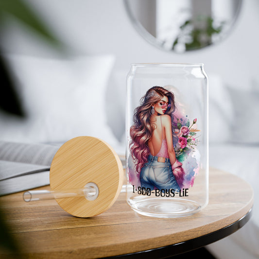 1-800-Boys-Lie Chic Sipper Glass with Straw, Trendy Beverage Container, Perfect Gift for Friends, Eco-Friendly Glass, 1-800-BOYS-LIE
